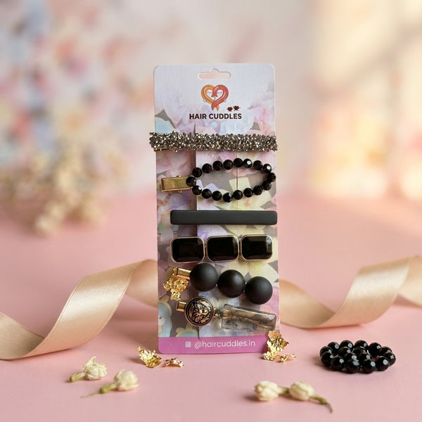 Black & Gold Hair Clip Set for Women & Girls (Set of 6)