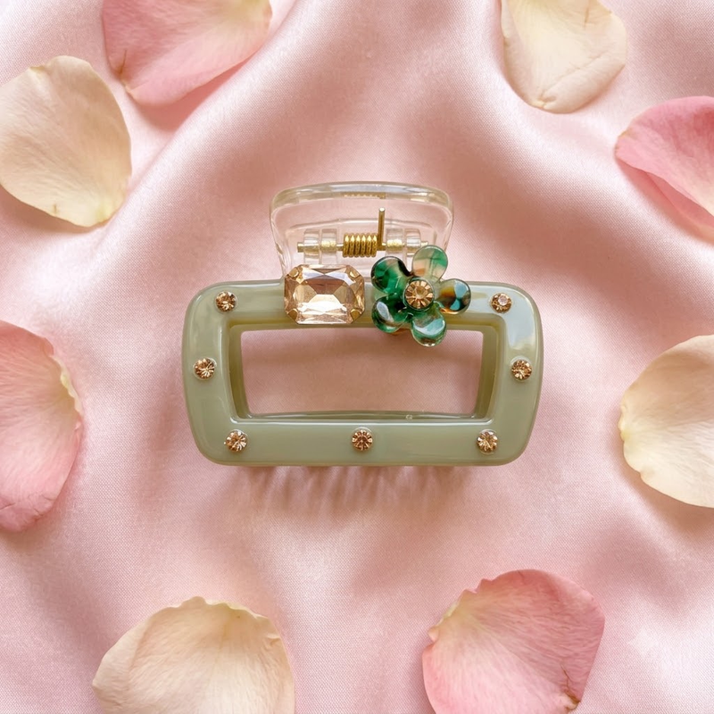 Premium Rectangle Hair Claw Clip – Stylish Rhinestone Floral Design (Med Size)