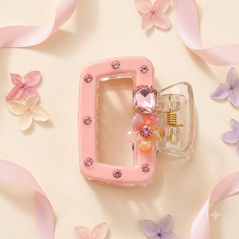 Premium Rectangle Hair Claw Clip – Stylish Rhinestone Floral Design (Med Size)