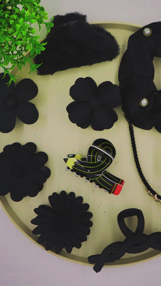 Hair Cuddles Luxe Noir Gift Box – Premium Matte Black Floral and Heart Hair Clips with Pearl Scrunchie and Embellished Headband | Elegant Festive Gift Set for Women and Girls (Set of 10)