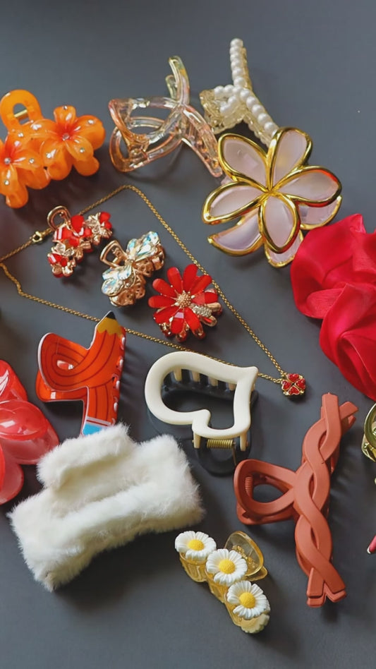 Hair Cuddles Premium Hair Claw Clip Combo with Pendent Chain, Floral & Butterfly Designs Stylish Clutcher Set for Women & Girls (Set of 18)