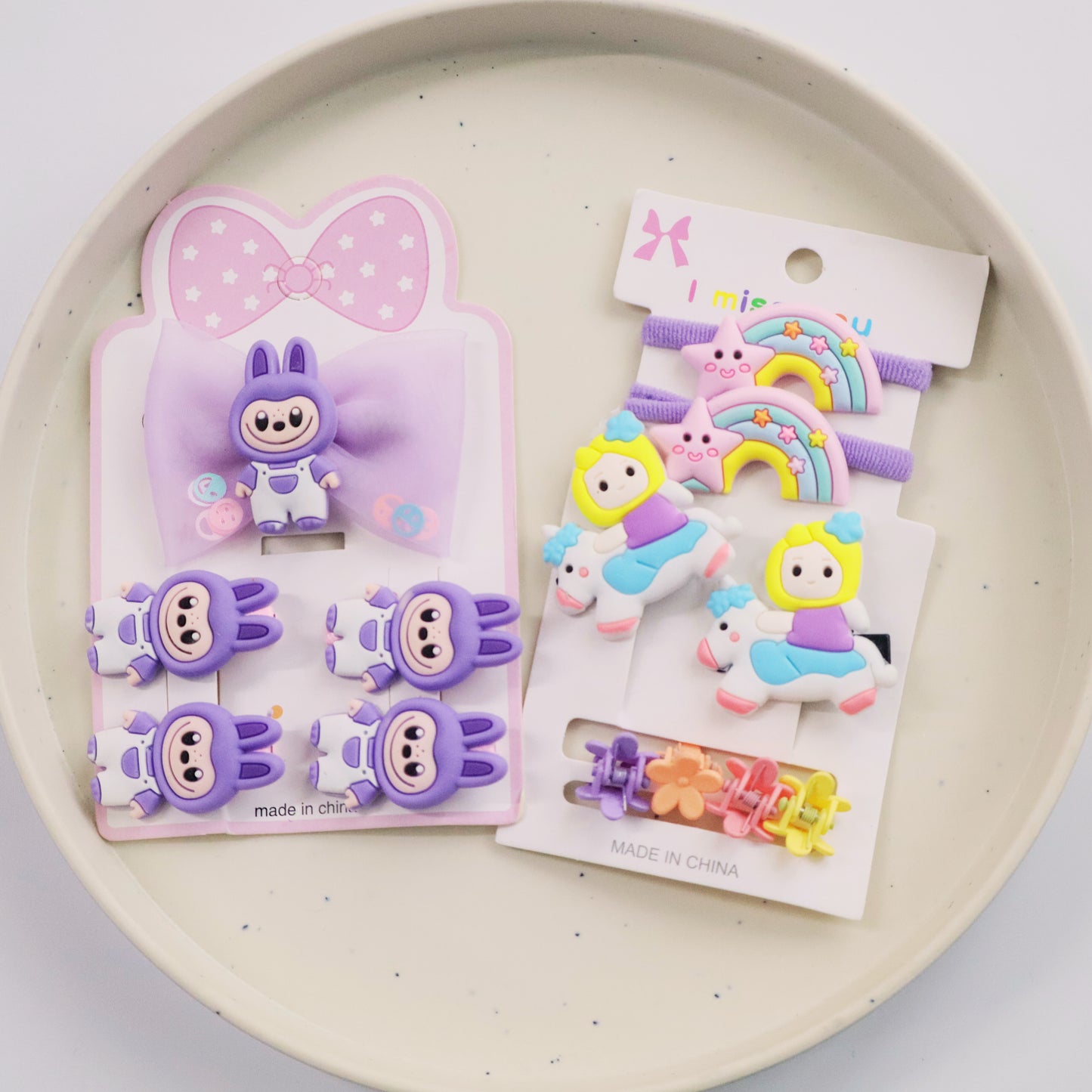 Hair Cuddles Cute Kids Hair Accessories Set for Girls - Hair Clips Rubber Bands Combo Pack – Cartoon Unicorn & Bunny Design- For Toddlers & Little Girls (Set of 13)